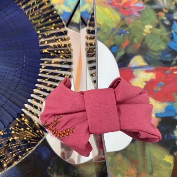 Pink Bow Headband with Floral Embroidery - Picture 3 of 7